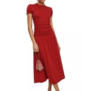 Reformation Kiria Short Sleeve Round Neck Smocked A-Line Midi Dress Red Women 6
